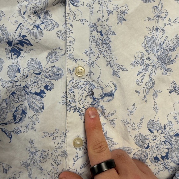 Robert Graham Shirt Men Large White Blue Floral Band Collar Flip Cuff Art Party - Picture 4 of 14